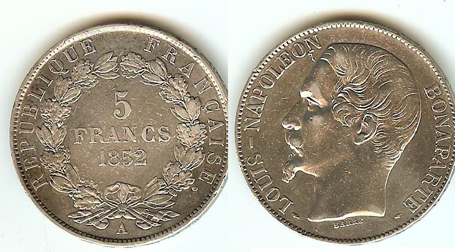 5 Francs Napoléon III 1852A Paris EF